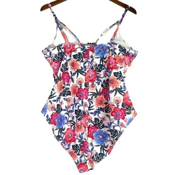 Time And Tru Deep V-Neck One Piece Floral Swimsuit - White/Pink, Size XL 16-18 - Picture 2 of 5